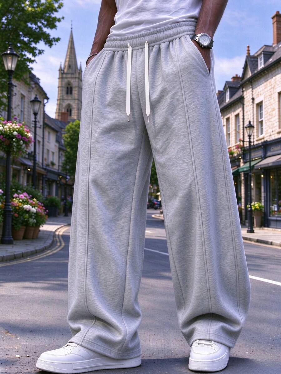 Men's Minimalist Solid Color Straight Leg Sweatpants - Featuring Drawstring Elastic Waist, Side Pockets, Made Of Soft And Comfortable Fabric, Loose Fit, Suitable For Daily All-Day Wear, Home Relaxation, Fitness Training, Walking And Jogging, Shopping And Dating, Travel And Outings, Campus Commuting, Outdoor Leisure, Streetwear, Light Exercise And Fitness - Perfect Gift For Boyfriend And Dad - Light Grey - View 1
