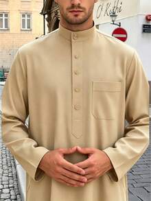 1件裝男士傳統中東阿拉伯長袍，伊斯蘭寬鬆版型齋月摩洛哥傳統休閒度假長袍，非洲傳統男裝/男士庫爾塔長袍，適合度假派對、齋月、日常穿著，亦可作為禮物贈送 - 卡其色 - 查看 4