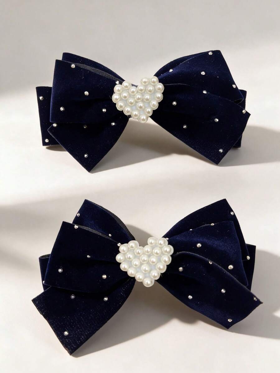 2pcs Valentine's Day Velvet Hair Clips, Red Rhinestone Heart Bow Hair Clips, Girly Style Hair Accessories, Suitable For Valentine's Day Party, Exquisite Gift For All Seasons - Royal Blue - View 1