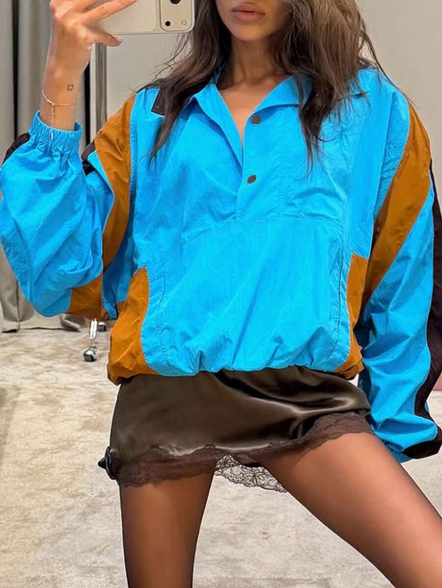 New Women's Colorblock Patchwork Jacket, College Vacation Casual Style, Autumn/Winter - Blue - View 1