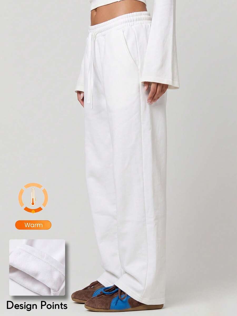KyrLssu Women Wide Leg Sweatpants, Elastic Drawstring Waist Trousers, Loose Casual Lined Track Pants, Simple Relaxed Daily Bottoms With Pockets - White - View 1