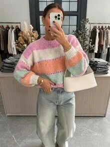 FOR BEAUTY Women's Casual Sweater, Multi-Color Striped Y2K Elegant Chunky Knit Long Sleeve Crew Neck Pullover Fall - Multicolor - View 3