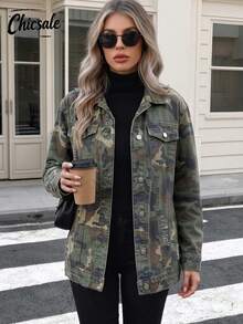 Women's Casual Long Sleeve Jacket With Button Camouflage Print And Pockets - Camouflage Color - View 1