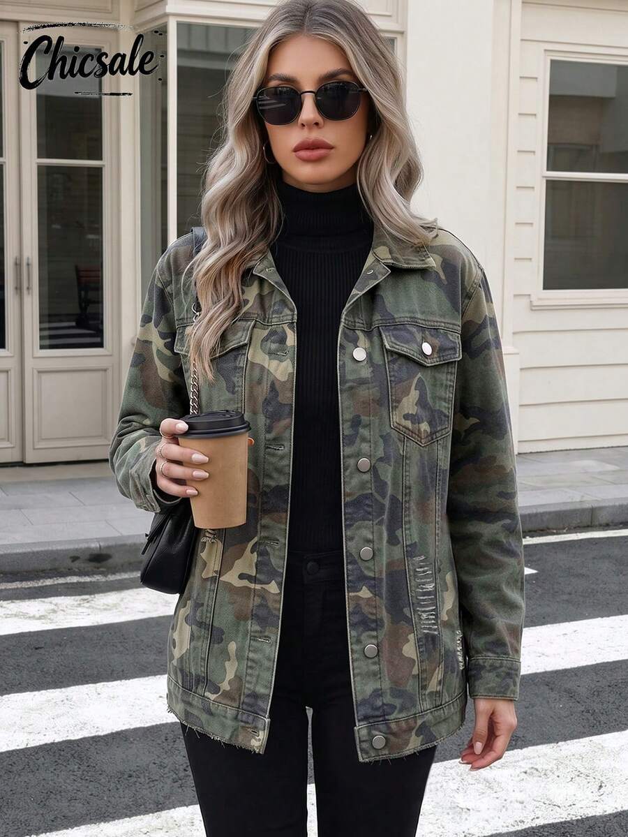 Women's Casual Long Sleeve Jacket With Button Camouflage Print And Pockets - Camouflage Color - View 1