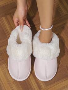 Women's Comfortable Non-Slip Wear-Resistant Closed-Toe Faux Rabbit Fur Faux Suede Slippers - Pink - View 1