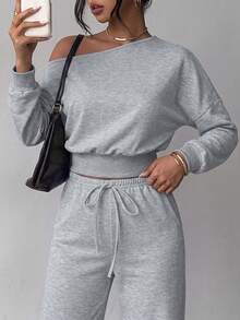 Women's Autumn 2 Pieces Set, Solid Color Asymmetrical Shoulder Long Sleeve Top And Low-Waist Drawstring Pants, Y2K Street Style Sexy Outfit - Grey - View 10