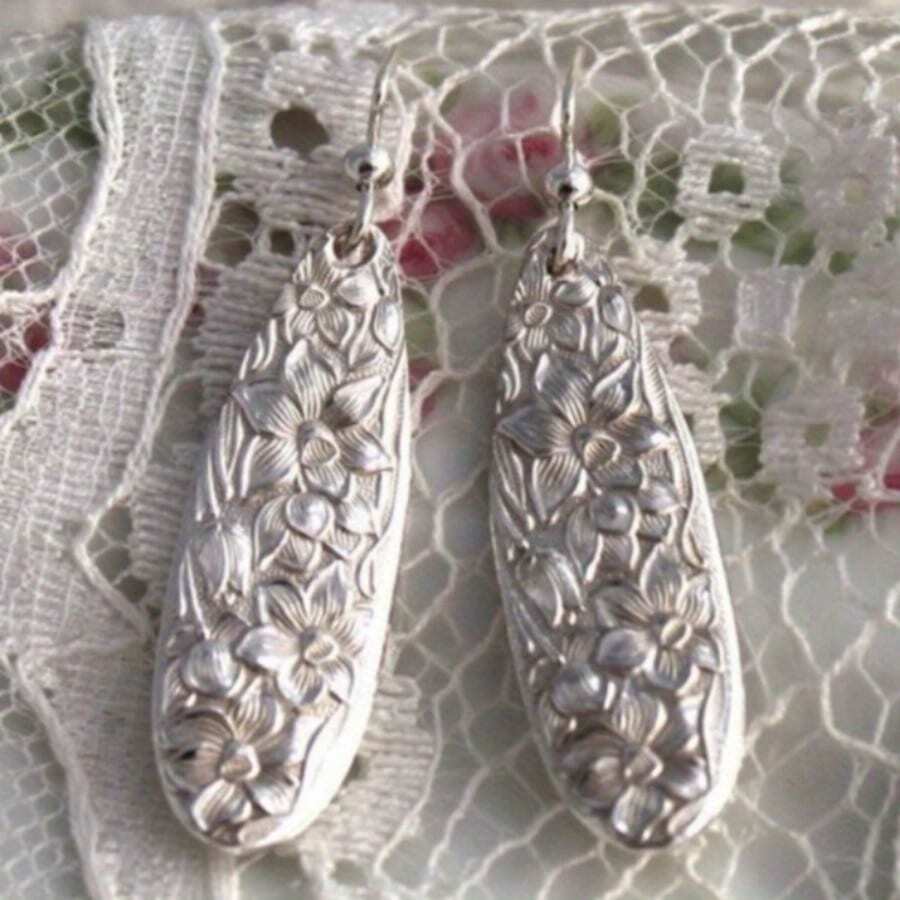 Vintage Bronze & Silver Tone Spoon Shaped Earrings, Commemorative Niche Ear Jewelry - Silver - View 1