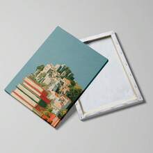 1pc Framed/Unframed Whimsical Village On Book Stack Canvas Poster Blue Abstract Bookish Book Club Wall Art Print Reading Nook Library Decor Scroll Painting For Book Lover,Office,Classroom,Dorm,Modern Home Decoration - A - View 3