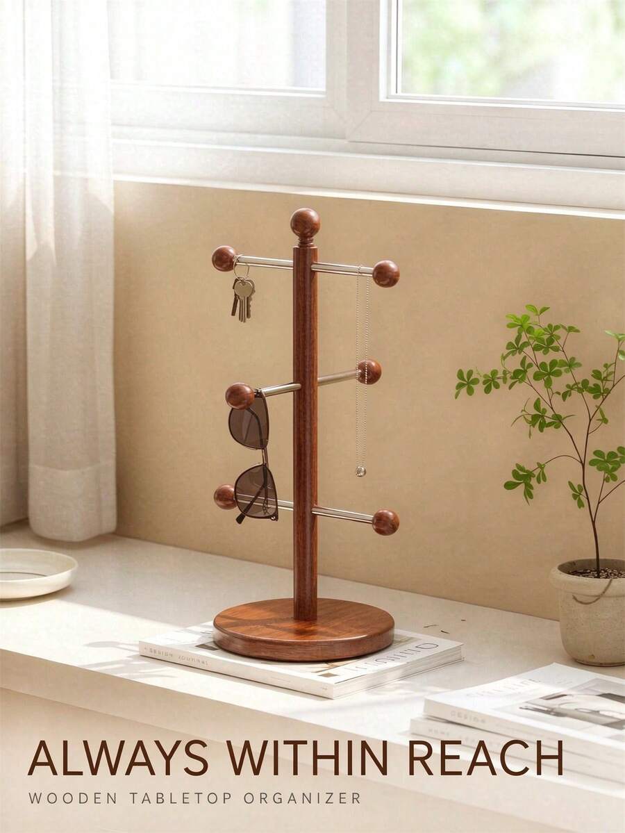 1Pc Wooden Tabletop Jewelry Display Stand, Multi‑Tier Desktop Organizer Rack, Key Fashion Glasses Necklace Bracelet Holder For Dresser Bedroom Home Decoration - Multicolor - View 1