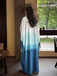 Hafizah Women's Silk Texture Gradient Color Dress, White To Pink-Purple Gradient, With Tassel Trim, Suitable For Formal Occasions Abaya Fall - Blue - View 3