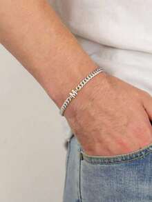 1pc Men's Cuban Chain Stainless Steel Bracelet With Initial Letter, Non-Fading, Versatile Fashion Bracelet With Adjustable Chain - Letter Bracelet - View 9
