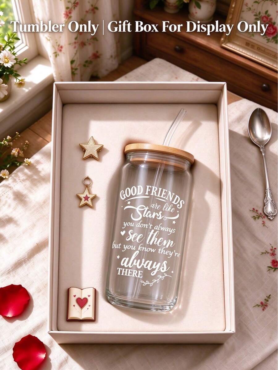 1pc/5pcs 16oz Mason Glass Cup With Bamboo Lid And Glass Straw, Inspirational Best Friend Quote Print Reusable Tumbler, Transparent Iced Coffee Boba Milk Tea Cup, Portable Drinking Cup For Iced Coffee Oat Milk, Sweet Valentine's Day Holiday Gift For Best Friend And Women - Multi-color - Inspirational Quotes - View 1