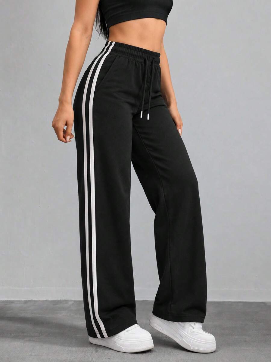 AODSR Women's Casual Track Pants With Wide Leg Silhouette Double Side Stripes Elastic Drawstring Waist For Everyday Wear - Black - View 1