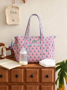 1pc Large Capacity Floral Pattern Diaper Bag Tote For Mom And Dad, With Changing Pad, Travel Diaper Storage Bag, Thickened Quilted Hospital Bag, Suitable For Boys And Girls, Mother's Day Gift - Multicolor - View 1