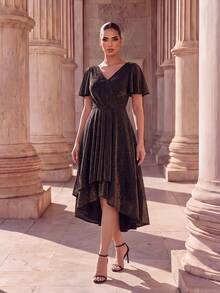 EVERPRETTY Elegant V-Neck Midi Formal Dress, Ruffle Short Sleeves And High-Low Hem, Made Of Luxurious Woven Fabric, Suitable For Evening Occasions - Brown - View 2