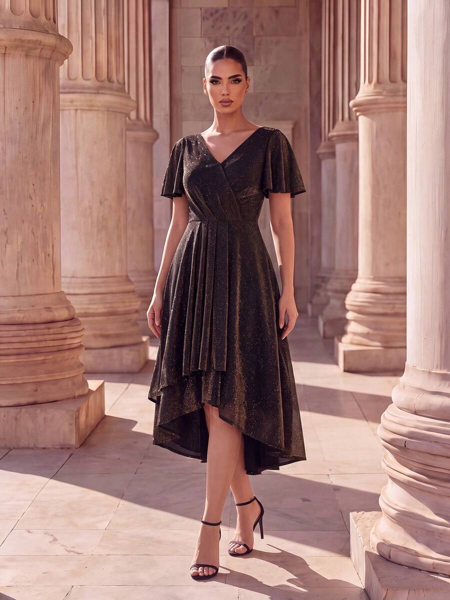 EVERPRETTY Elegant V-Neck Midi Formal Dress, Ruffle Short Sleeves And High-Low Hem, Made Of Luxurious Woven Fabric, Suitable For Evening Occasions