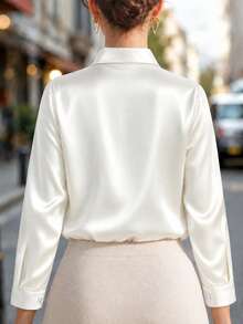 Fashionable Women's Satin Button-Up Shirt, New Arrival, Casual, All Season White Spring - White - View 3