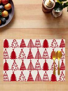 2/4/6Pcs Placemats, Heat Resistant Farmhouse Christmas Red Hand Drawn Pine Tree Pattern, Patio Round Table Holiday Party Kitchen Home Dining Table Tea Party Decor Mats - Red and White - View 6