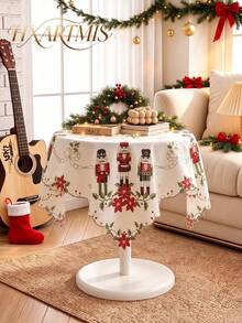 HXARTMIS 1PC Christmas Decor New Arrival, Beige Santa Claus Embroidered Square Tablecloth, Scalloped Edge Holiday Table Cover, Suitable For Christmas Home Decor, Christmas Gifts, Christmas Table Decoration - Beige - View 1