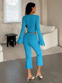 Solid Color Front Tie Flared Sleeve Top & Cropped Pants Set - Blue - View 2