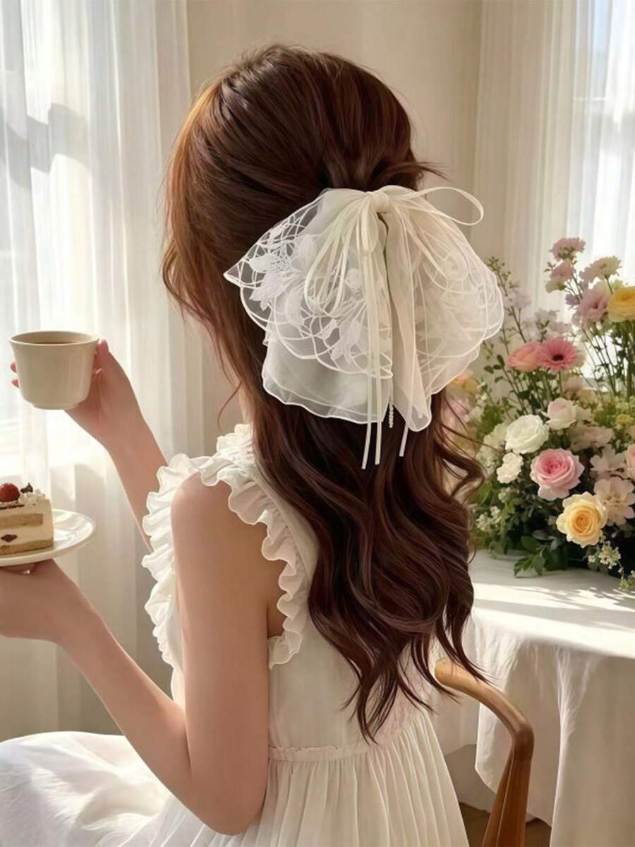 1件白色刺繡蕾絲蝴蝶結馬尾抓夾,時尚水晶半紮髮夾,適合女性日常/派對穿著 - 彩色 - 查看 1