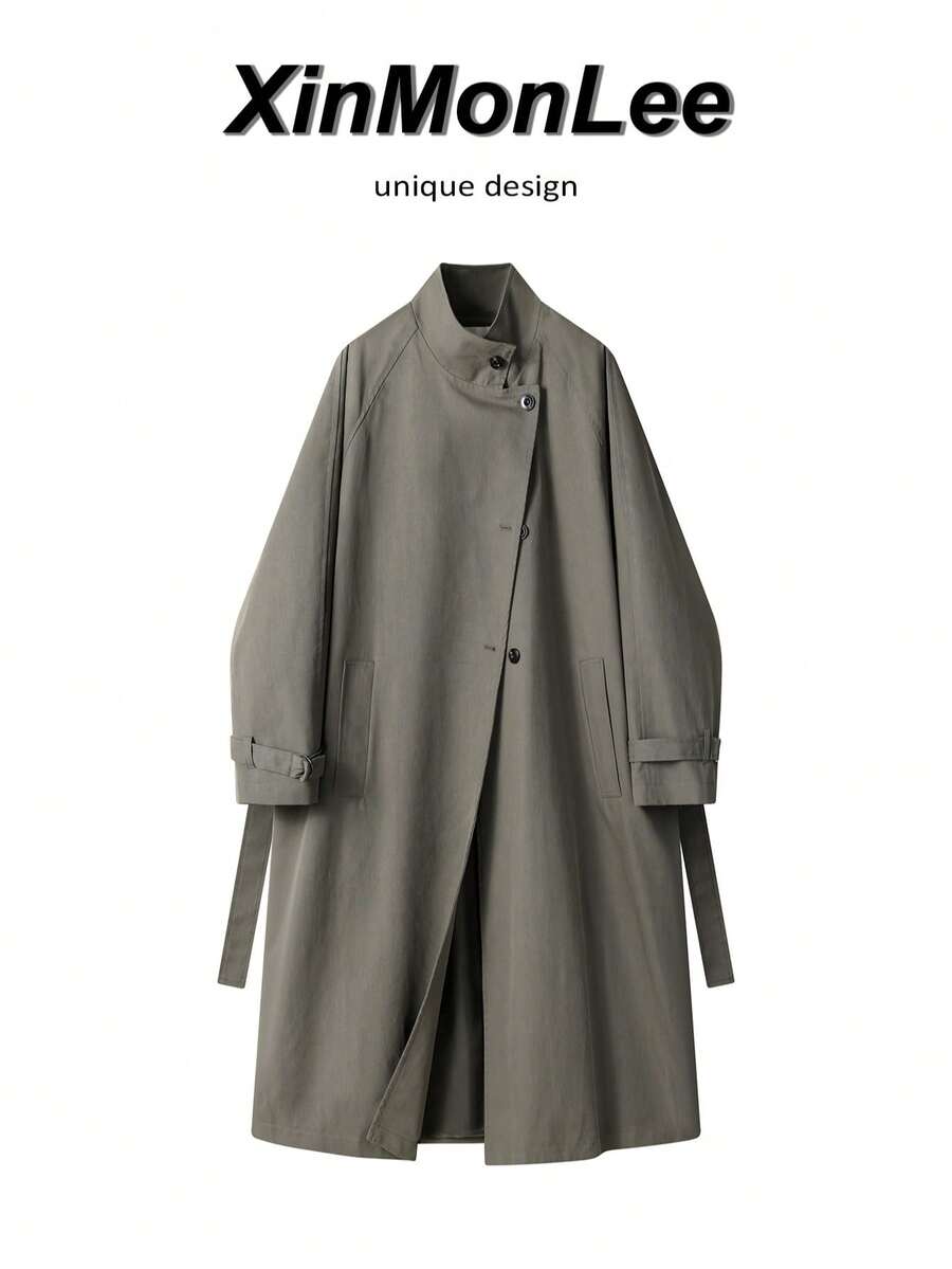 High-Quality Classic Stand Collar Silhouette Trench Coat Button-Up Jacket, Preppy Vacation Casual Spring Autumn Holiday Travel Elegant - Green - View 1