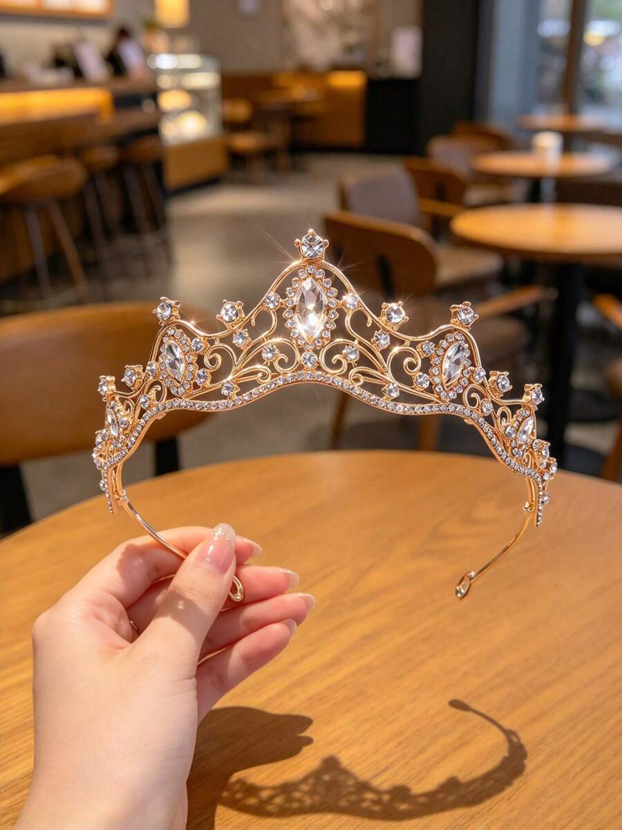 1件女款極簡優雅水鑽公主3D皇冠髮箍 - 金色 - 查看 1