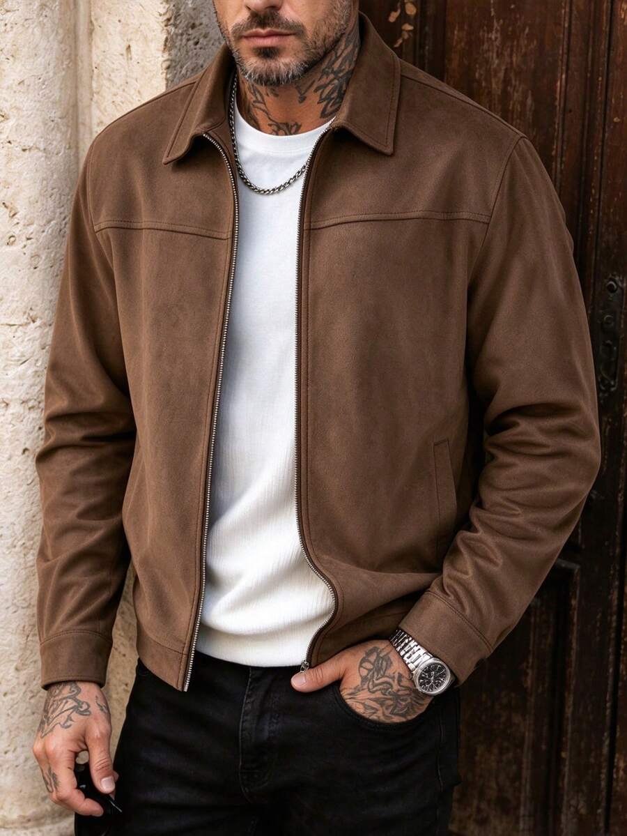 1 buah Jaket Suede Pria Warna Polos dengan Resleting, Kerah Klasik, Pakaian Luar Kasual Ringan, Lengan Panjang Warna Polos untuk Pemakaian Sehari-hari di Musim Gugur - Coklat - View 1