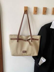 1pc Khaki Color Strap Decor Large Capacity Contrast Color PU Tote Bag Women's Shoulder Bag - Khaki - View 3