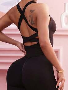 Women Black Crisscross Back Sports Bra, Round Neck Padded Crop Tank Top, 4-Way Stretch, Supportive Breathable Slim Fit Workout Yoga Gym Top - Black - View 1