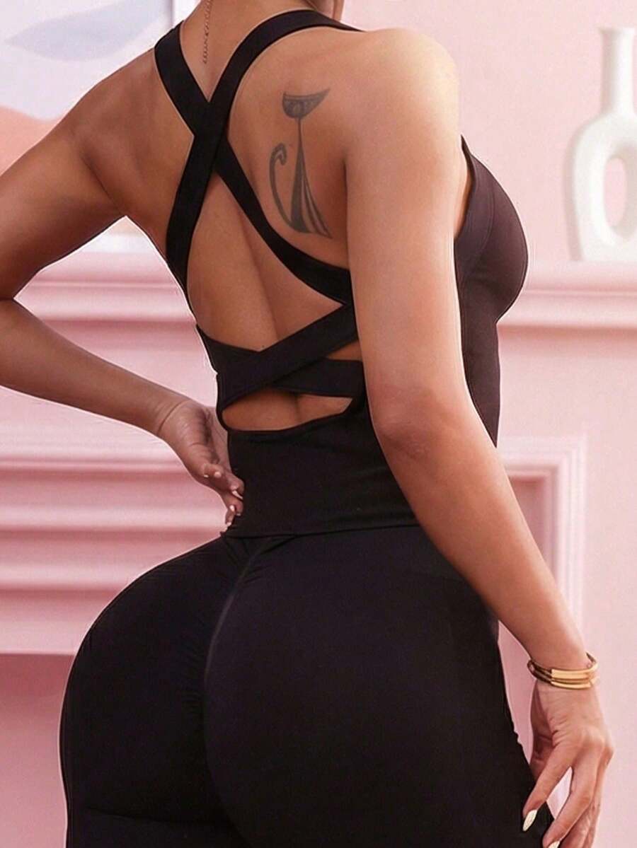 Women Black Crisscross Back Sports Bra, Round Neck Padded Crop Tank Top, 4-Way Stretch, Supportive Breathable Slim Fit Workout Yoga Gym Top - Black - View 1
