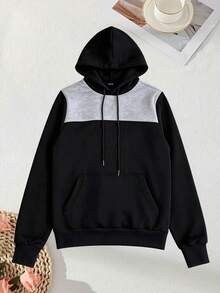 Women's Black & Grey Colorblock Drawstring Hooded Sweatshirt With Kangaroo Pocket, Suitable For Daily Streetwear - Black - View 5
