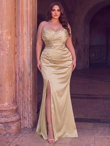 Plus Size Elegant Strapless Sequin Gown Mermaid Satin High Slit Ruched Bodice Fitted Silhouette For Photo Shoot Beach Vacation Resort And Prom - Champagne - View 4