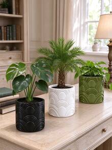 1pc Curved Textured Embossed Flower Pot, Home Indoor Plant Planter, Living Room Entryway Potted Plant Container, Premium Soft Decor Ornament, New Home Decoration, Gift Choice - Curved - View 3