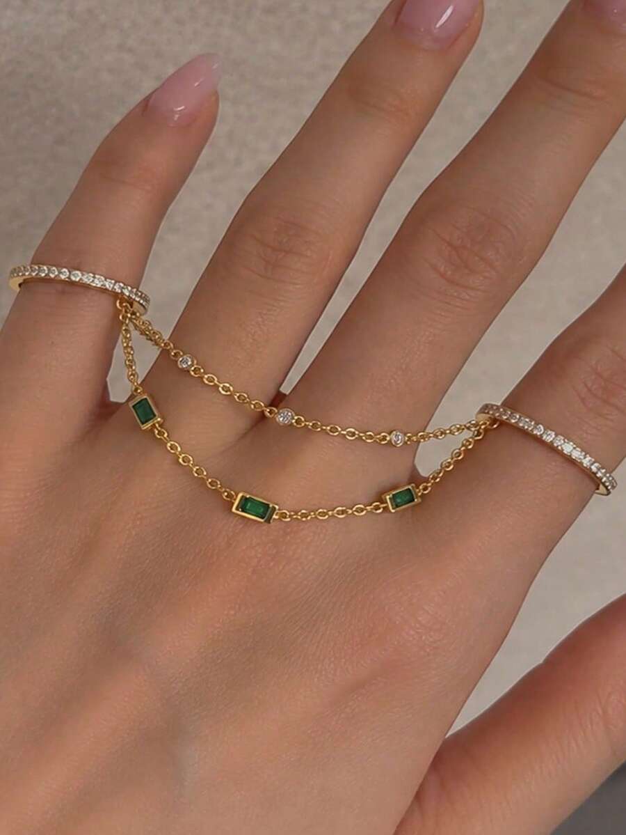 1 buah Cincin Jari Ganda Rantai Kristal Hijau Halus Warna Emas, Aksesori Jari Wanita yang Dapat Ditumpuk - Berlian imitasi - View 1