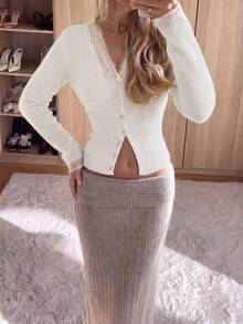 Women's New Autumn V-Neck Long Sleeve Knit Cardigan With Lace Patchwork, Soft French Style For Daily, Commute And Campus Wear - White - View 7