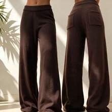 Women's Dark Brown Solid Knit Wide Leg Pants, Elastic High Waist Back Pockets Casual All-Match Daily Wear Long Trousers - Coffee Brown - View 8