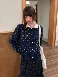 Korean Style Color Block Peter Pan Collar Cute Jacquard Casual Fitted Women Cardigan - Navy Blue - View 5