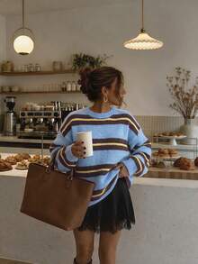 Comfortable Women's Striped Pullover Sweater, Light Blue Knit Long Sleeve Top, Suitable For Autumn/Winter Wear - Baby Blue - View 5