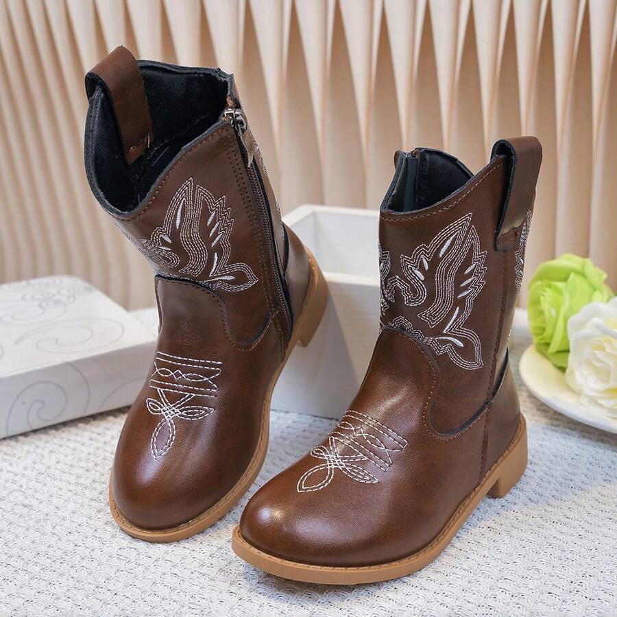 Vintage Brown Western Cowboy Boots, Embroidered Mid-Calf Riding Boots For Kids, Soft Sole Side Zipper Stage Outfit Boots - Brown - View 1