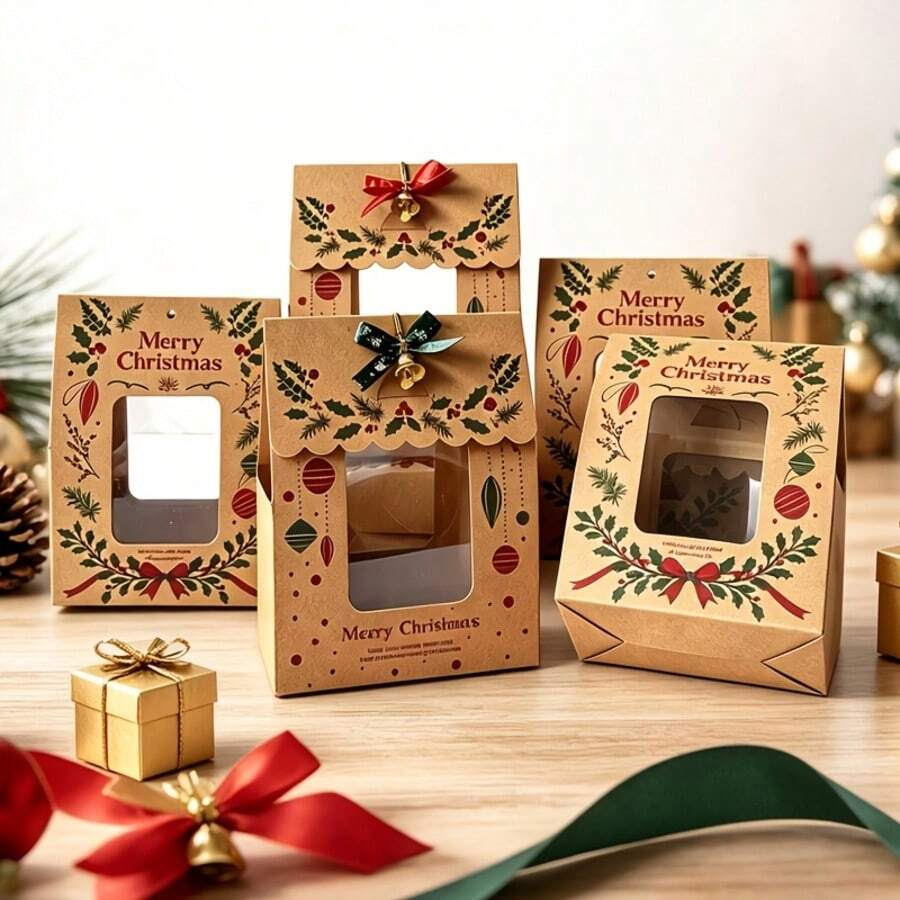 1 Pc Christmas Gift Box Decorations With Bows And Bells, Party Embellishments For Holiday Gift Wrapping, Home Christmas Decor And Gift Giving - A - View 1