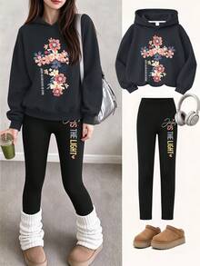 Fashionable Girls Casual Creative Floral Print Hoodie Sweatshirt With Slim Fit Leggings Long Pants, Spring Autumn Winter Daily Versatile 2-Piece Set - Dark Grey - View 1