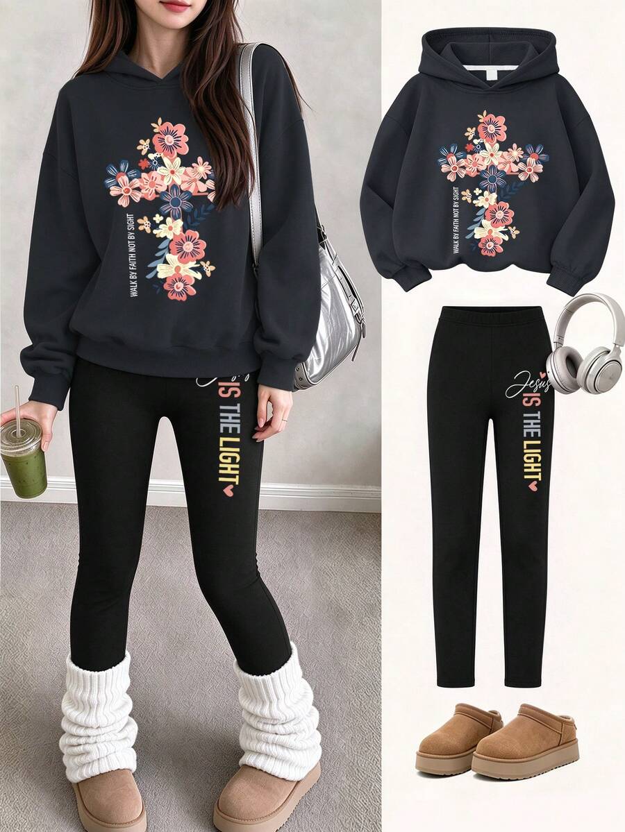 Fashionable Girls Casual Creative Floral Print Hoodie Sweatshirt With Slim Fit Leggings Long Pants, Spring Autumn Winter Daily Versatile 2-Piece Set - Dark Grey - View 1