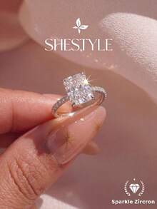 1pc Shiny Rectangular Diamond Engagement Ring/Wedding Ring, Women's Promise Ring/Eternity Ring, Exquisite Jewelry Gift - Silver - View 2