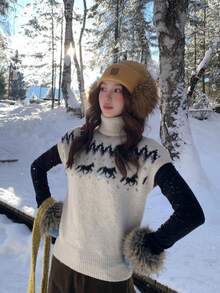 Women's Vintage Sweet Christmas Fair Isle Knit Vest, Sleeveless High Neck Sweater Base Layer For Holiday, Gathering, Fall/Winter Daily - Apricot - View 8
