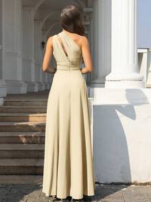 Volly Toych Champagne Elegant Chiffon Bridesmaid Long Dress, Asymmetrical Bow & Drape Design, Suitable For Formal Occasions And Weddings - Champagne - View 2