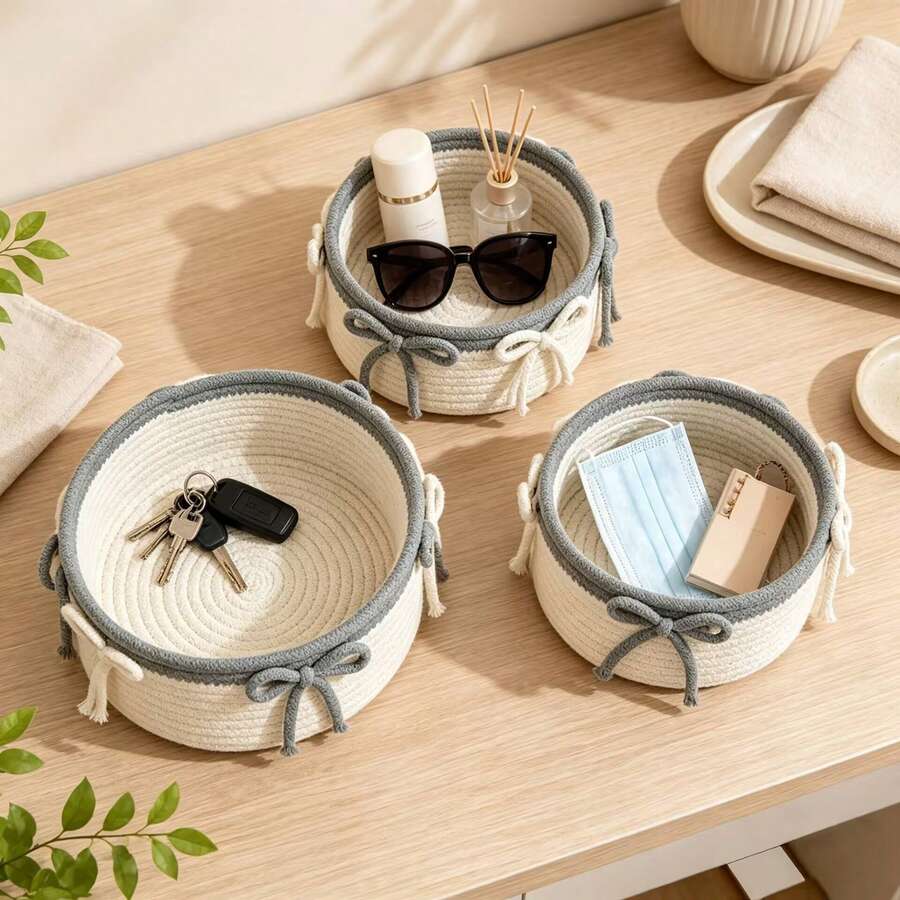 Woven Storage Basket With Bow Decor, Cute Desktop Organizer, Perfect For Desk Decor, Holiday Decoration And Organization. Suitable For Entryway, Bedroom, Bathroom, Room Storage And Living Room Clutter - Greyish White - View 1