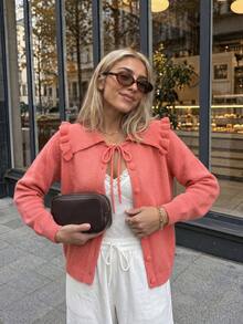 Women's Autumn/Winter Vintage Large Lapel Ruffle Knit Cardigan, Girlish Frill Collar Knit Cardigan Fall - Watermelon Pink - View 11