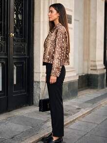 Women's Autumn Leopard Print Top Jacket, Lapel Long Sleeve Casual Outerwear - Mocha Brown - View 4