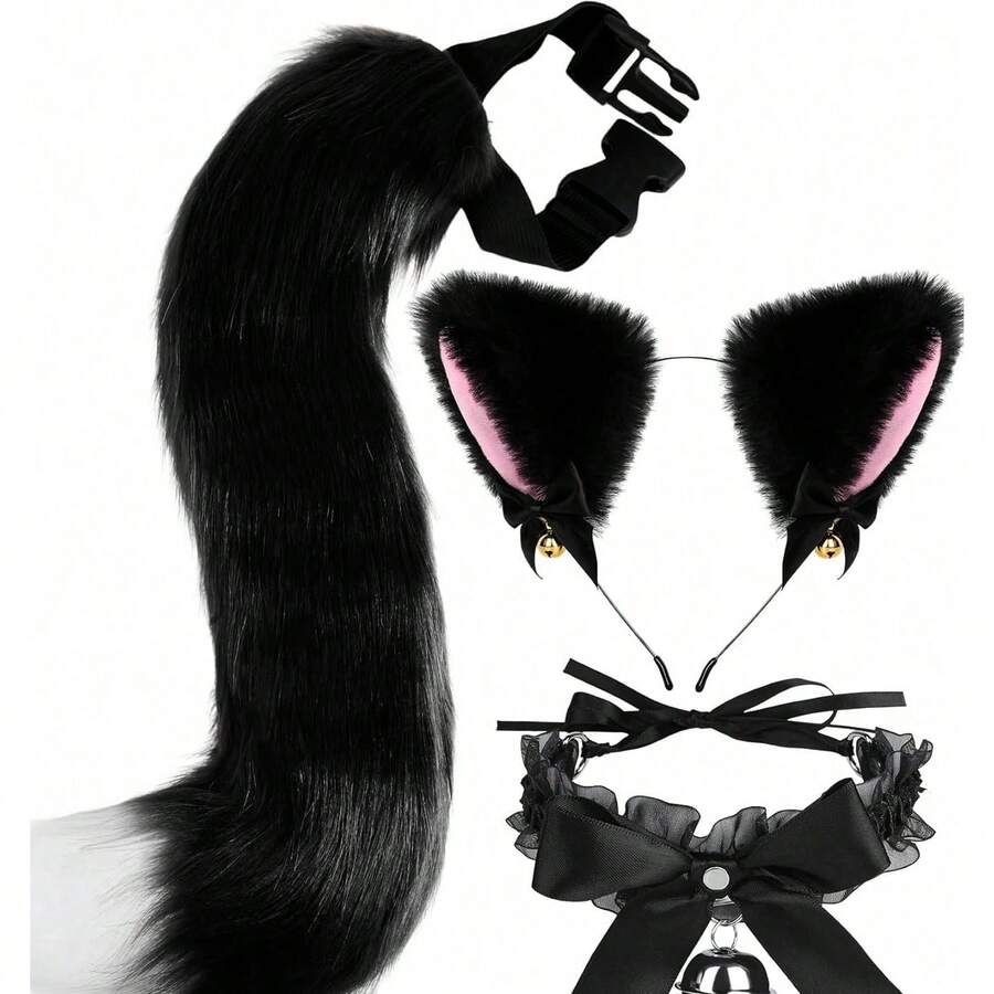 3pcs Cat Ears And Tail, Wolf Fox Ears Long Tail Bell Lace Collar Set, Halloween Animal Cosplay Party Costume Animal Ears - Multicolor - View 1